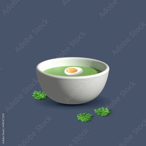 Green soup puree in a bowl, 3d rendering, vector 3d illustration