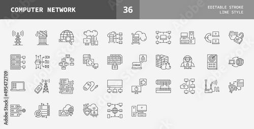 Computer Network icon set line style, Hosting, Cloud Server, Database, VPN, Social Media and more
