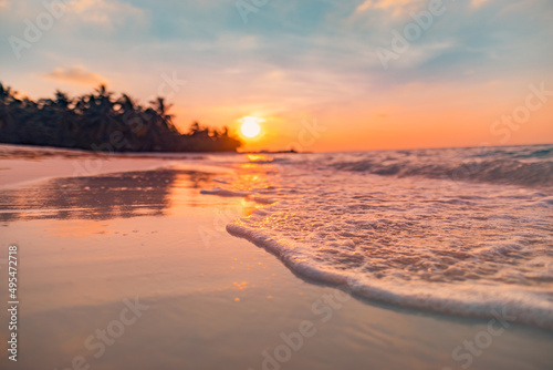 Closeup island coast palm trees sea sand beach. Blurred beautiful tropical beach landscape. Inspire seascape horizon waves splashing. Colorful sunset sky tranquil relax summer seaside, dream nature