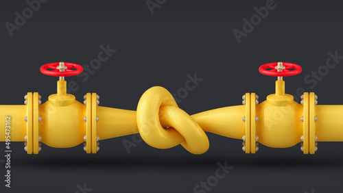 Yellow gas pipe with tied knot. Gas transportation system block photo