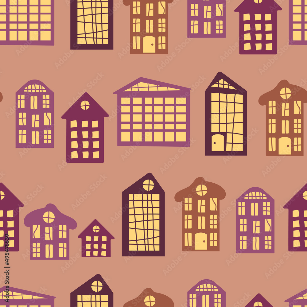 Cozy Scandinavian style evening childrens houses in warm colors. Vector illustration, seamless pattern for nursery, wallpaper, printing on fabric, packaging, background.