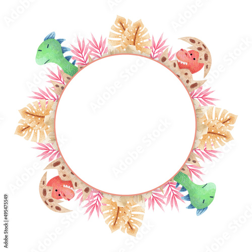 collection of watercolor round frame (cute red, green dinosaurs) with place for text on isolated background (for designing web banners, greeting cards, printing on various objects, etc.)