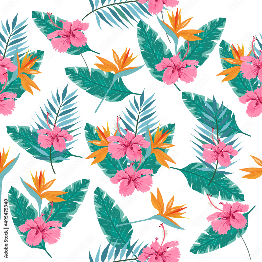 Bird of paradise flower and leaves pattern.Jungle background Bird of paradise flower and leaves pattern.Jungle background