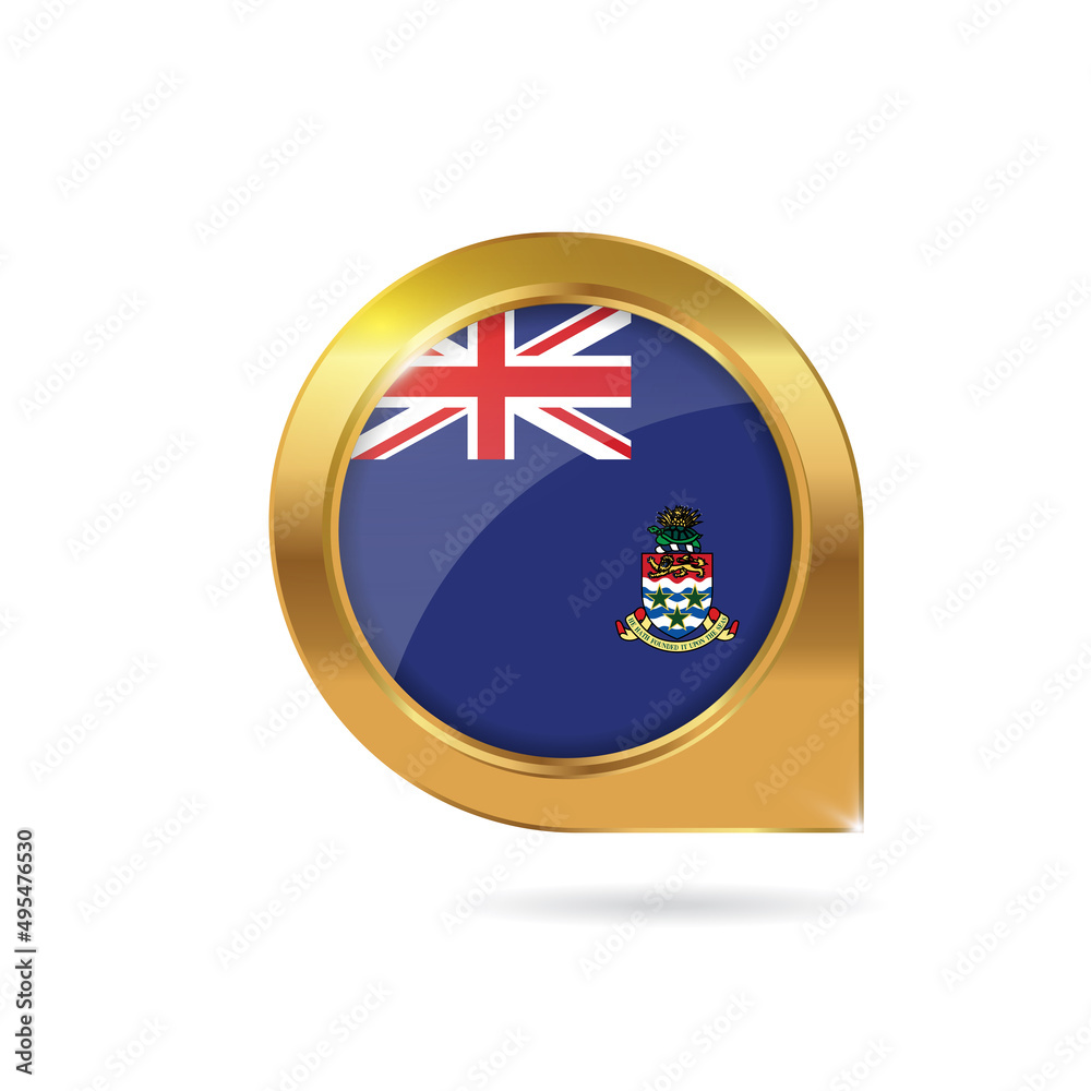 Obraz premium Flag of Cayman Islands, location map pin, pointer flag, button with the reflection of light and shadow, gold frame, Icon country. Realistic vector illustration on white background