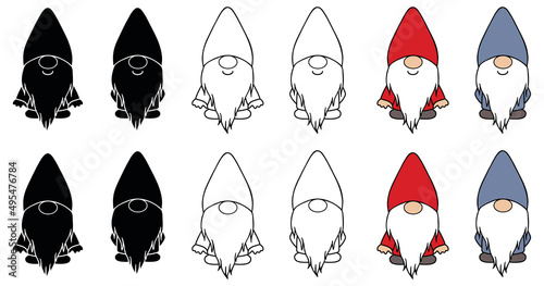 Garden or Forest Gnome Clipart Set - Outline, Silhouette, Red and Blue