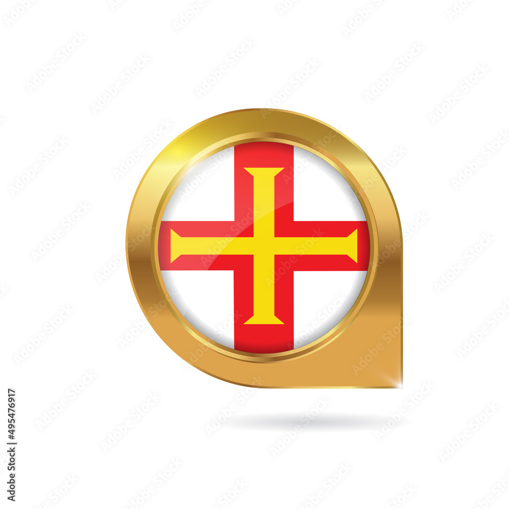 Flag of Guernsey, location map pin, pointer flag, button with the reflection of light and shadow, gold frame, Icon country. Realistic vector illustration on white background Flag of Guernsey, location map pin, pointer flag, button with the reflection of light and shadow, gold frame, Icon country. Realistic vector illustration on white background