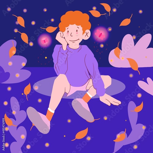 Young boy sitting in the middle of the forest in the middle of the night, with butterflies, fireflies. flying leaves
