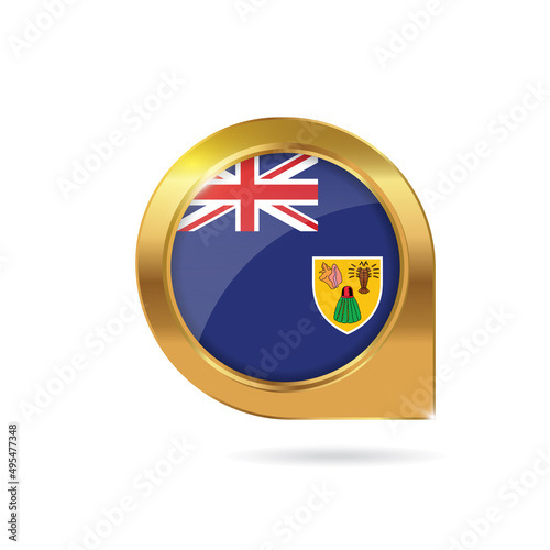Flag of Turks and Caicos Islands, location map pin, pointer flag, button with the reflection of light and shadow, gold frame, Icon country. Realistic vector illustration on white background