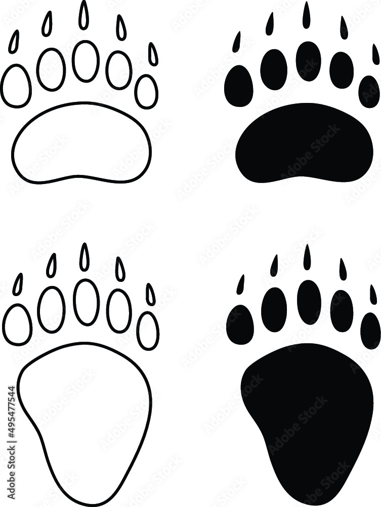Bear Track Paw Print Clipart Set - Outline and silhouette Stock Vector ...