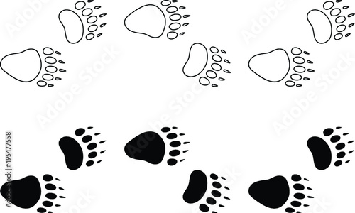 Walking Bear Tracks Clipart Set - Outline and silhouette