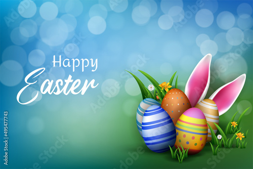 easter banner decoration with creative grasses, easter eggs, flower and wooden board