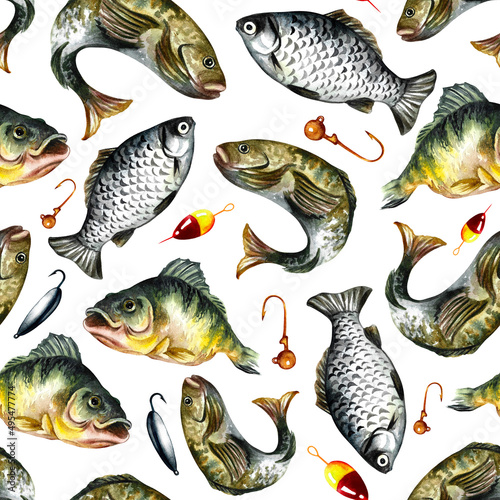 pattern, seamless texture with fish, floats and hooks for the angler. On a white background. Watercolor illustration.