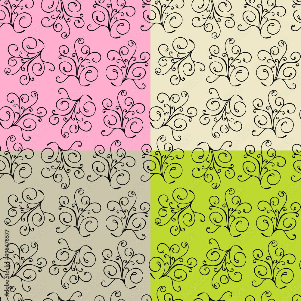 4 Seamless patterns with hand drawn curls. Perfect for apparel, fabric, textile, wrapping paper, decoration, card, scrapbooking. Vector illustration. 4 Seamless patterns with hand drawn curls. Perfect for apparel, fabric, textile, wrapping paper, decoration, card, scrapbooking. Vector illustration.