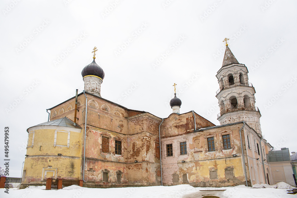 Russia. City of Torzhok. Architectural monuments of the 18th century in the Boriso-Glebsky Monastery. Ancient buildings.