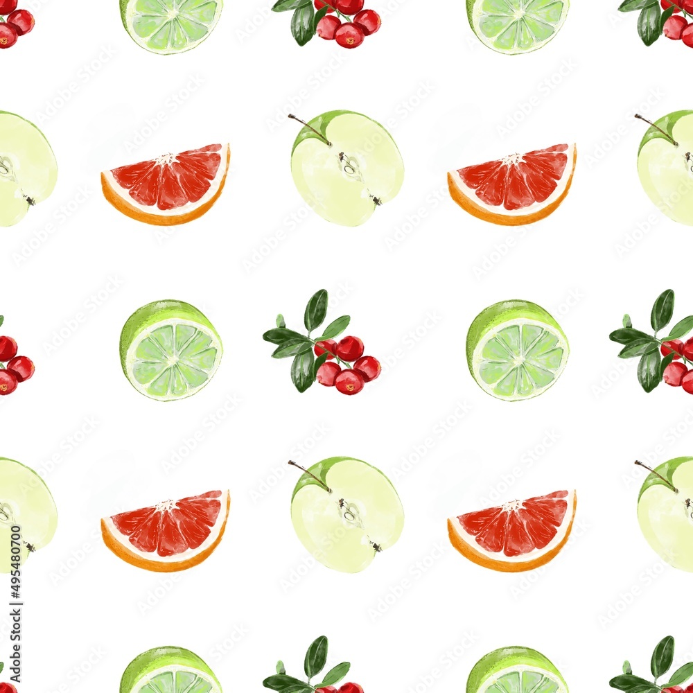 seamless pattern with apple, lime, orange and cowberry on a white background 