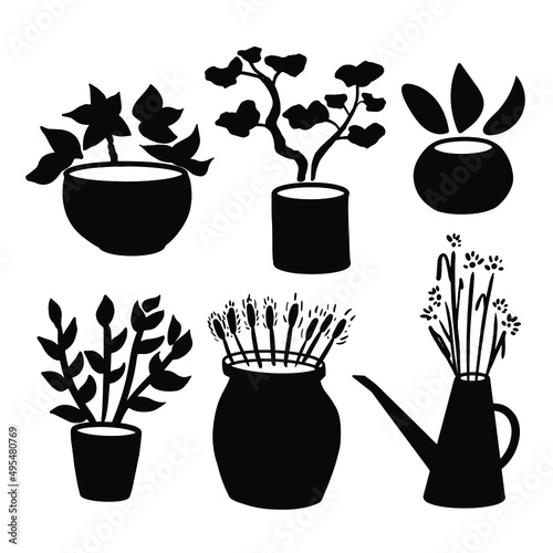 Home plants silhouette. A simple illustration. Set of decorative elements. Hand drawn. Print for clothes, stationery. Vector illustration isolated on white background.