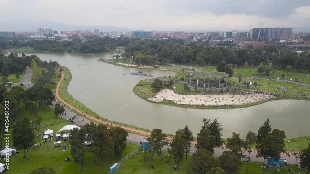 Aerial view over the simon bolivar park lake, Bogota, Colombia