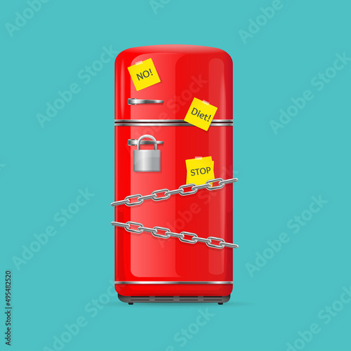 Realistic Detailed 3d Fridge and Metallic Chain Diet Concept. Vector