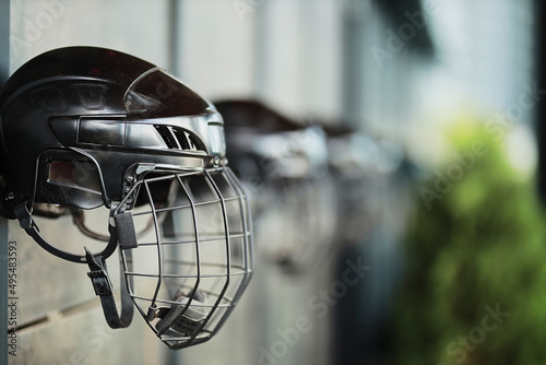 Hockey Helmet. black hockey helmet close-up, soft focus. Close-up on hockey helmet photo