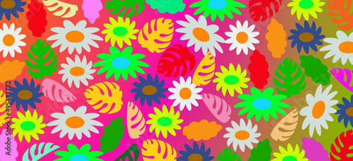 Bright banner, poster, cover design template, wallpaper for social networks with spring leaves and flowers