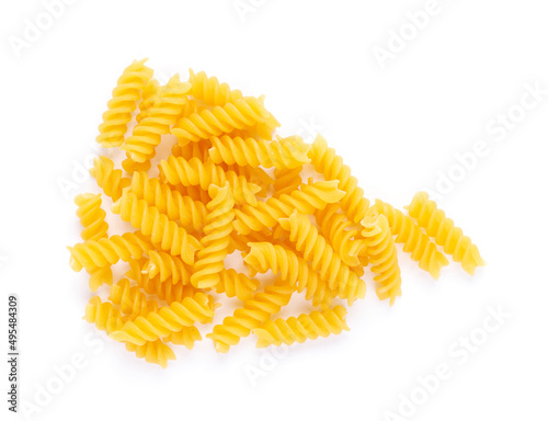 Fusilli pasta food isolated at white background. Raw pasta fusilli