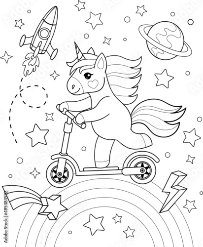 Happy unicorn ride on electric scooter in space. Vector outline for coloring book