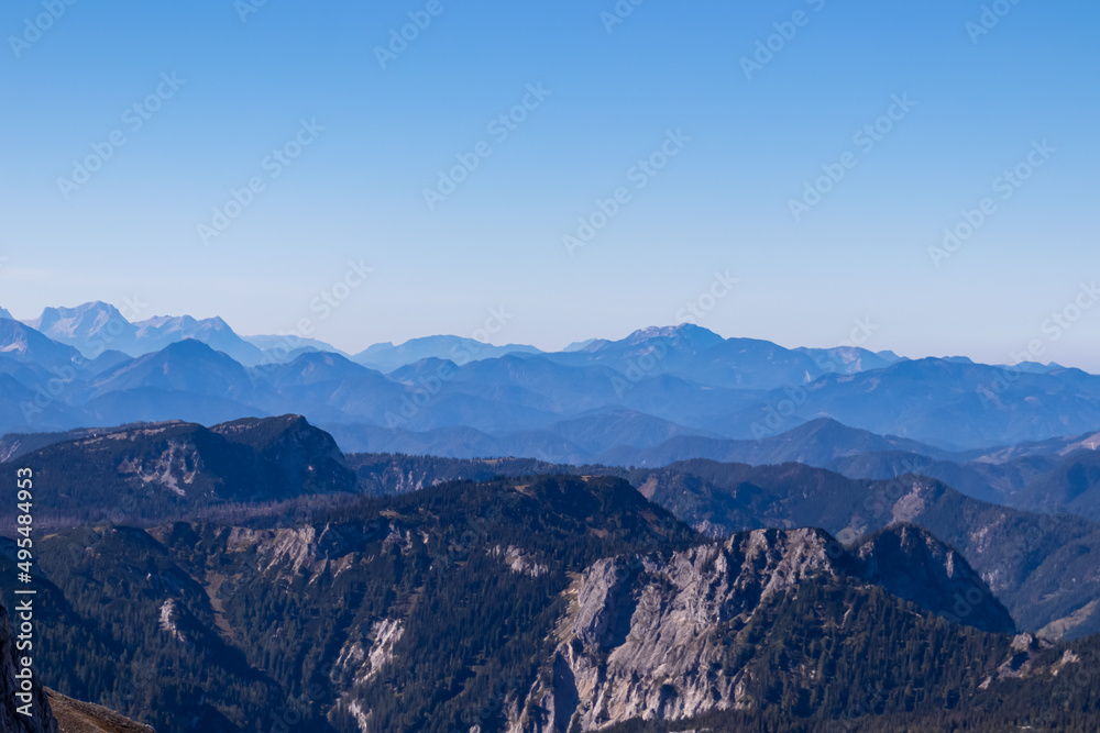 Panoramic view on the mountain peaks of the Hochschwab Region in Upper Styria, Austria. Sharp summits in the beautiful Alps in Europe. Climbing tourism, wilderness. Concept freedom. High up