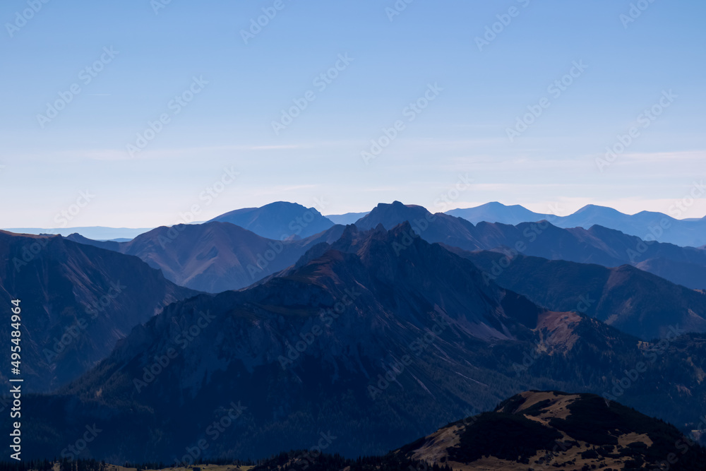 Panoramic view on the mountain peaks of the Hochschwab Region in Upper Styria, Austria. Sharp summits in the beautiful Alps in Europe. Climbing tourism, wilderness. Concept freedom. High up