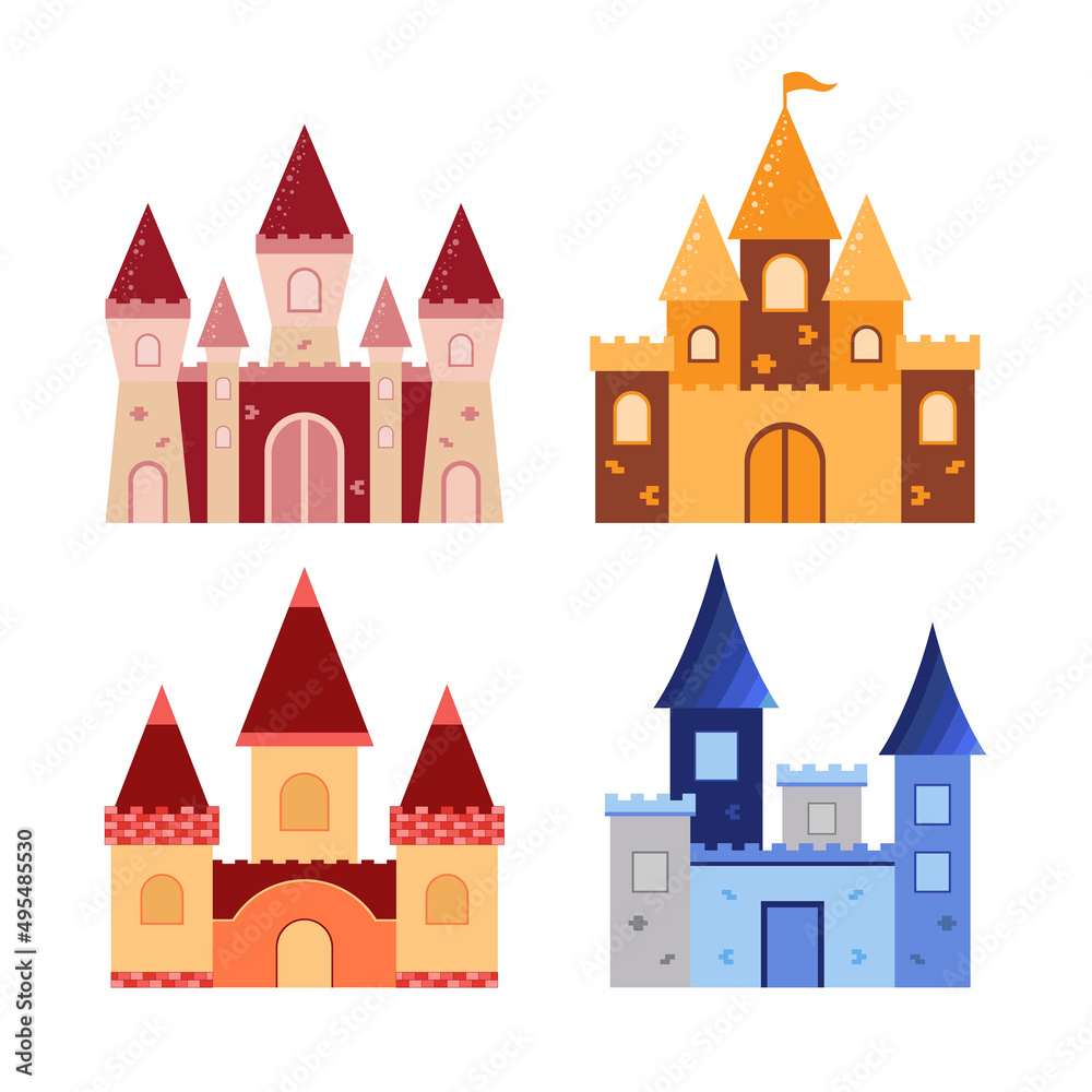 Fairy tale castles collection. Vector objects isolated on white background. 