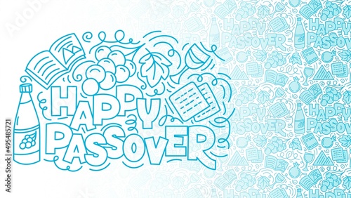 Passover blue background. Jewish holiday Pesach. Happy Passover. Linear vector illustration hand drawn doodle style.