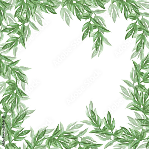Botanical frame  background. Framing with green branches  chaotic technique. Watercolor style. For the design of printed products. Isolated image on a white background.