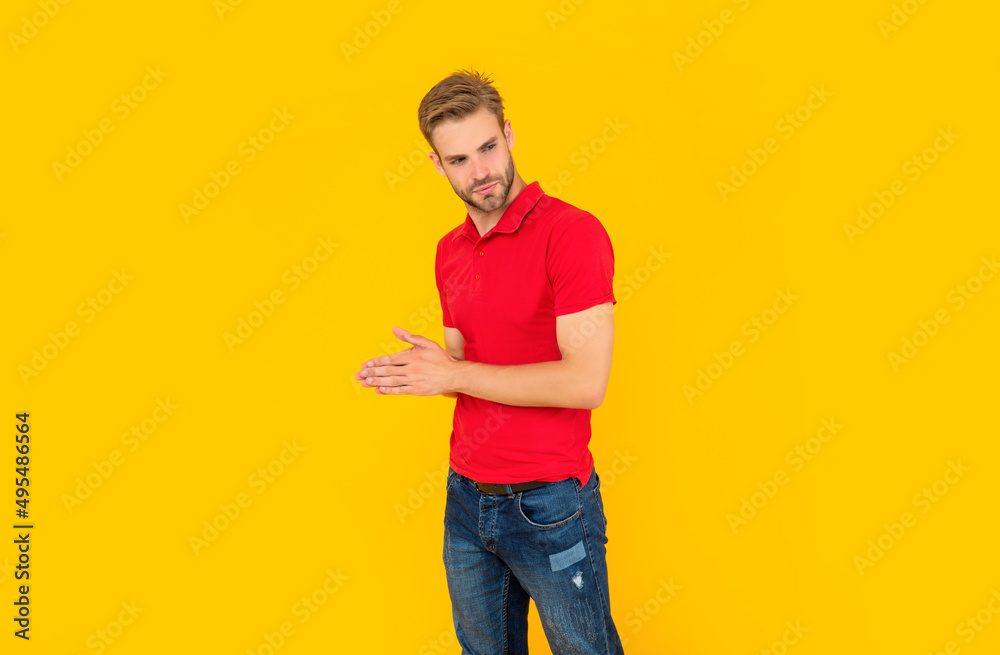guy with bristle on yellow background, mens beauty guy with bristle on yellow background, mens beauty
