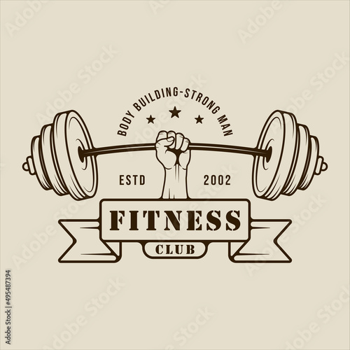 hand fist and barbell logo vector line vintage illustration template icon graphic design. gym or fitness sign or symbol for sport business with banner and typography style