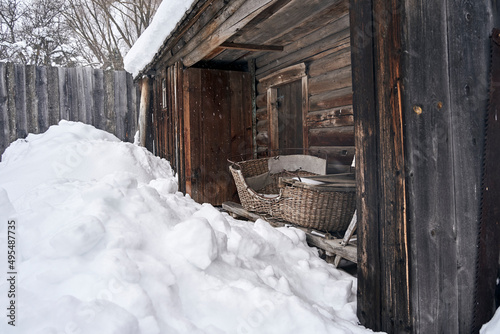 rustic winter landscapes, wooden houses and fences