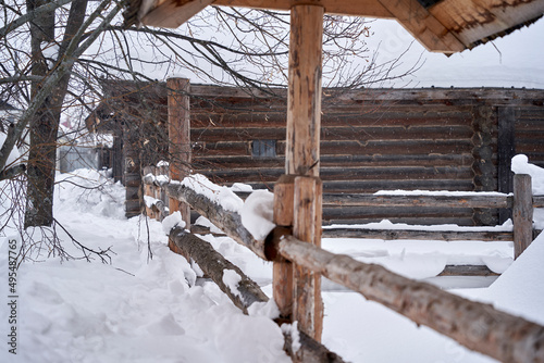 rustic winter landscapes, wooden houses and fences