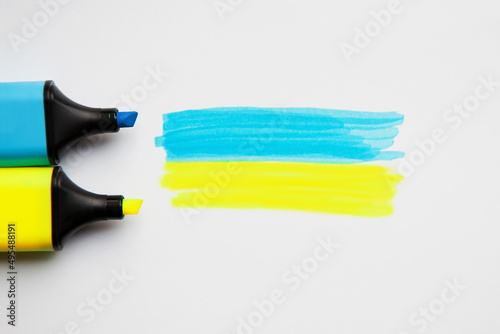 Ukrainian flag, colors - yellow and blue painted with marker pens. Independence day of Ukraine, Flag, Constitution day Education, school, Love Ukraine, Pray for Ukraine, no war concept 