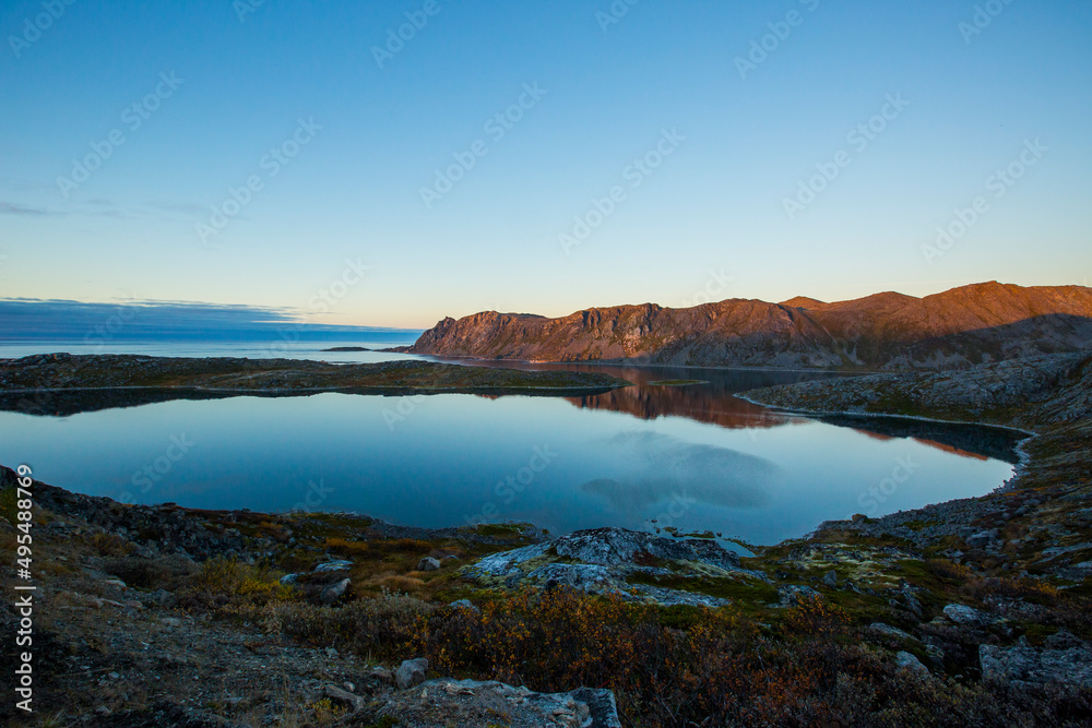 Autumn sunset and landscape in Nordkapp. northern Norway