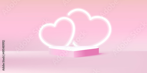 Vector realistic podium platform with pink neon heart in abstract stage for product placement and display.