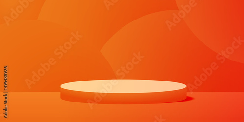 Vector realistic podium platform with orange colors in abstract stage for product placement and display.