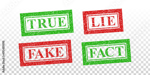 Vector realistic isolated rubber stamps of True, Lie, Fake and Fact on the transparent background.