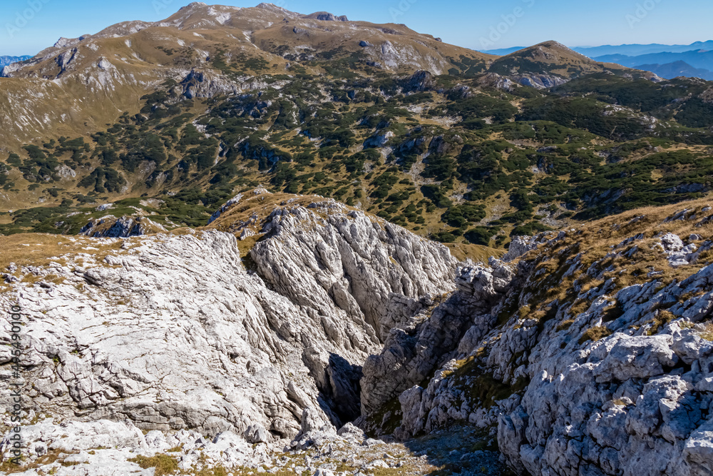 Panoramic view on the mountain peaks of the Hochschwab Region in Upper Styria, Austria. Hills overgrown with mountain pine bush, Alps in Europe. Climbing tourism, Wilderness. Concept freedom. Hiking Panoramic view on the mountain peaks of the Hochschwab Region in Upper Styria, Austria. Hills overgrown with mountain pine bush, Alps in Europe. Climbing tourism, Wilderness. Concept freedom. Hiking