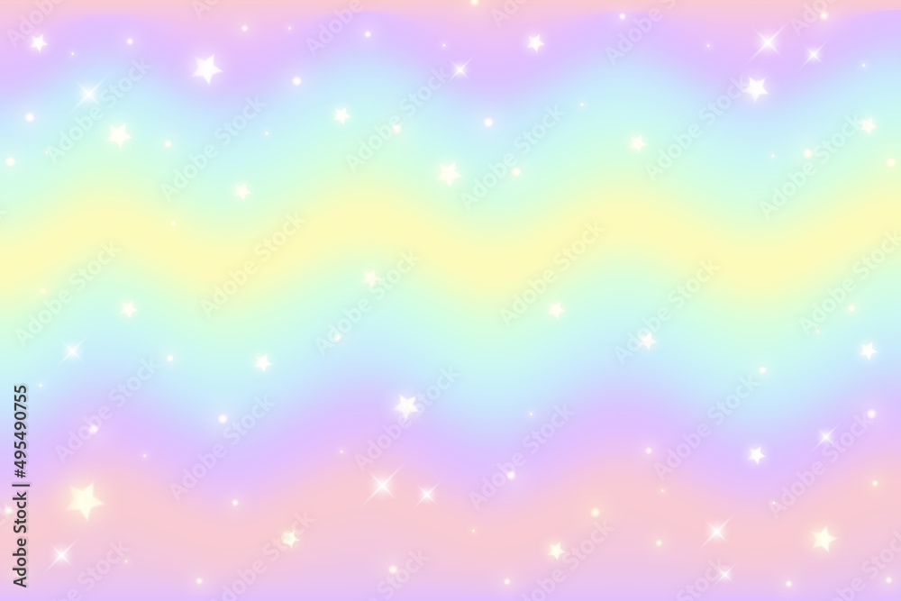 Fantasy background. Pattern in pastel colors. Wavy multicolored unicorn sky with stars and hearts. Vector