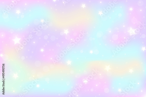 Rainbow fantasy background. Holographic illustration in pastel colors. Multicolored sky with stars and bokeh.