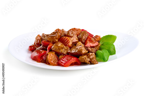 Hungarian goulash, beef, pork stew with potatoes, isolated on white background.