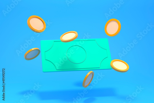 Banknote and floating coins on a blue background. Cashback and money saving concept. 3d render illustration.