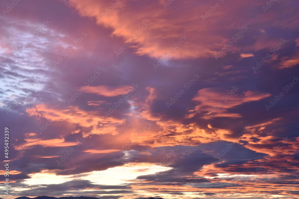 Sunlit pink clouds, Sunset sky with pink clouds, spectacular sunset with colorful clouds
