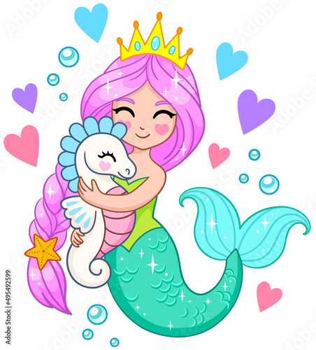 Little princess mermaid hugs a seahorse. Vector Illustration isolated