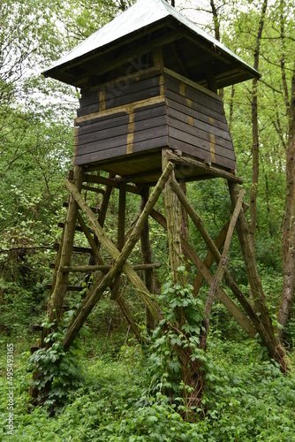 High seat tower for hunters in green forest with details. Single highseat in forest. Wooden hunter turret or lookout tower © Marina