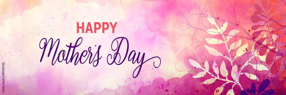 Happy Mother's day background in soft floral watercolor design, Mothers day spring colors of purple pink and yellow with leaves, mom's day card