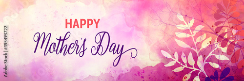 Happy Mother's day background in soft floral watercolor design, Mothers day spring colors of purple pink and yellow with leaves, mom's day card